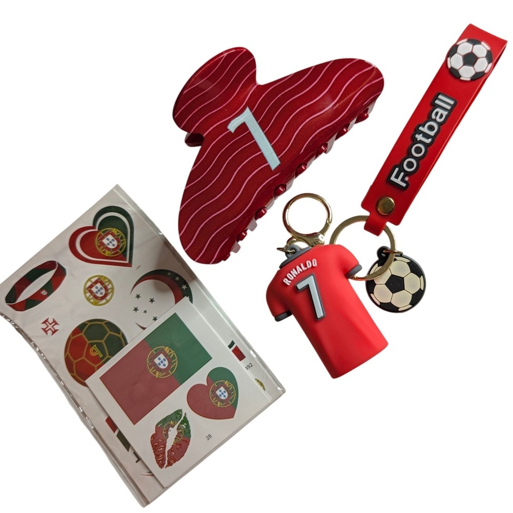Cristiano Ronaldo Portugal Fan Bundle CR7 Keychain Hair Clip Tattoos FIFA Soccer
